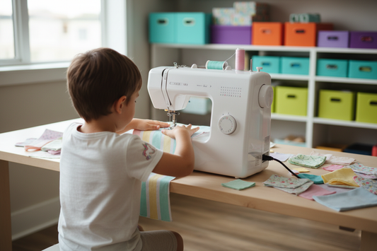 Bambina che cuce con macchina posizionata correttamente