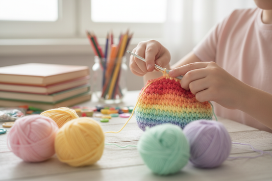 Bambino di 10 anni che crea borsettina all'uncinetto