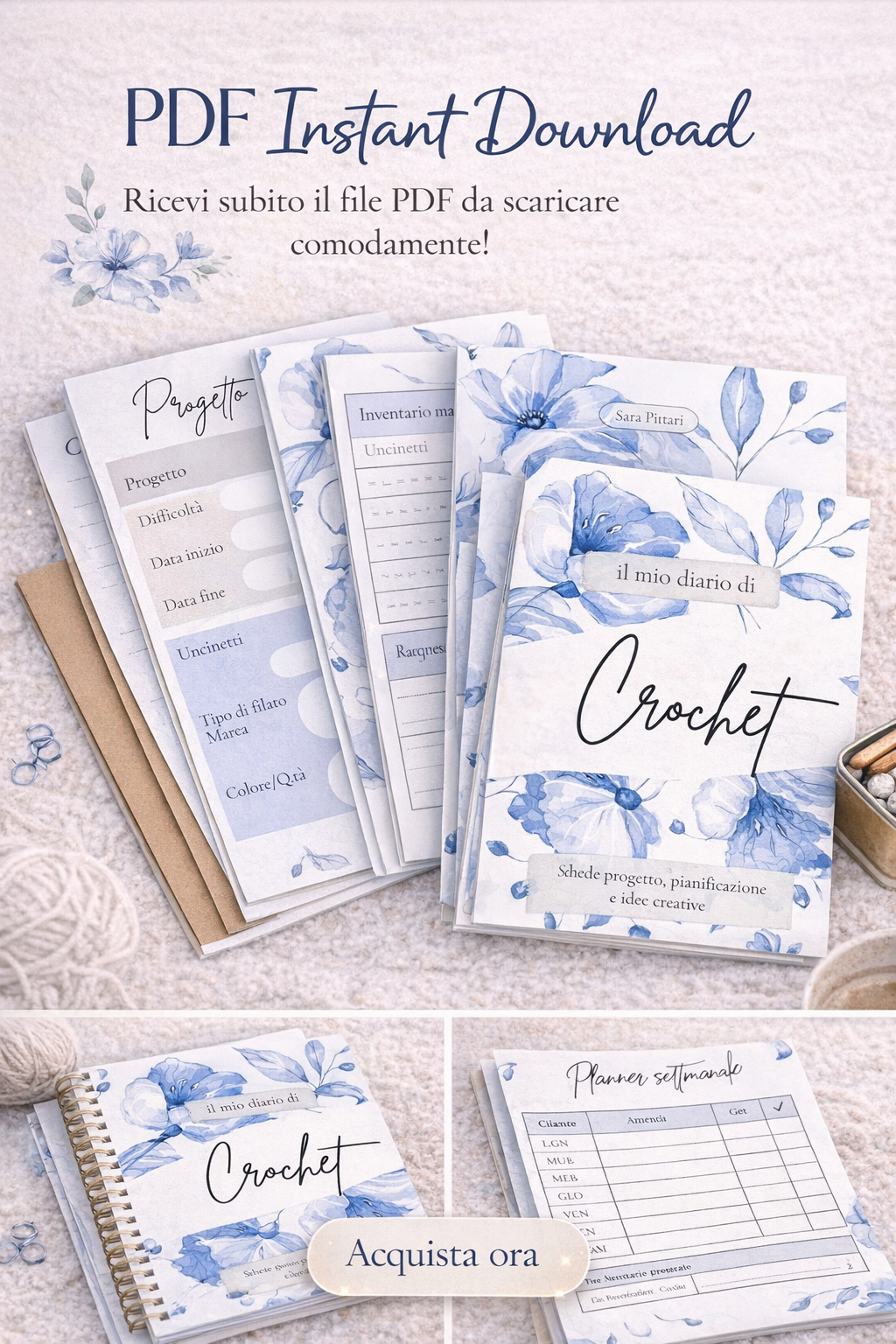 Crochet Planner – Diario creativo per progetti all’uncinetto (PDF) fiori azzurri